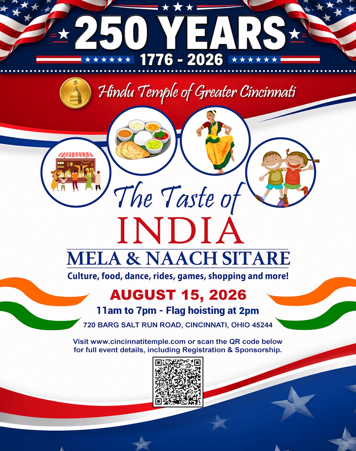 The Taste of India Cincinnati 2026 free Indian cultural festival flyer at Hindu Temple of Greater Cincinnati.